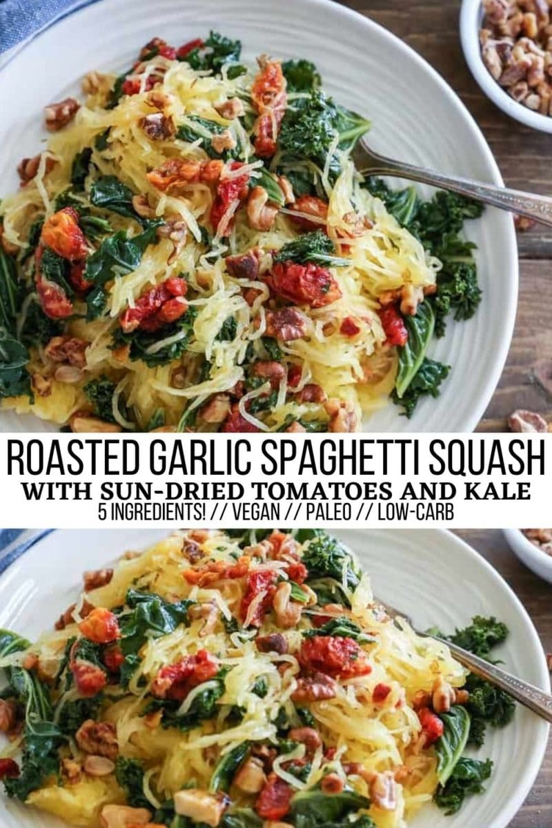 5-Ingredient Roasted Garlic Kale Spaghetti Squash with Sun-Dried Tomatoes, Kale, and Roasted Walnuts - a clean and delicious vegan, paleo, low-carb dinner recipe