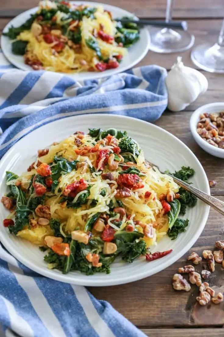 Roasted Garlic and Kale Spaghetti Squash with Sun-Dried Tomatoes