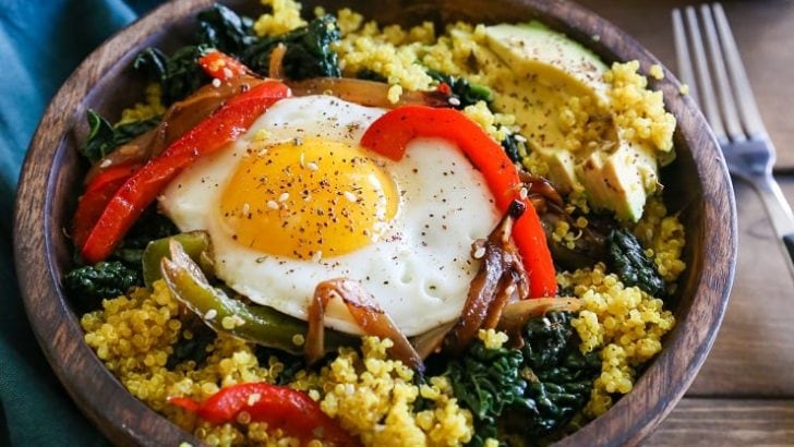Savory Quinoa Breakfast Bowls with Peppers and Kale - The Roasted Root