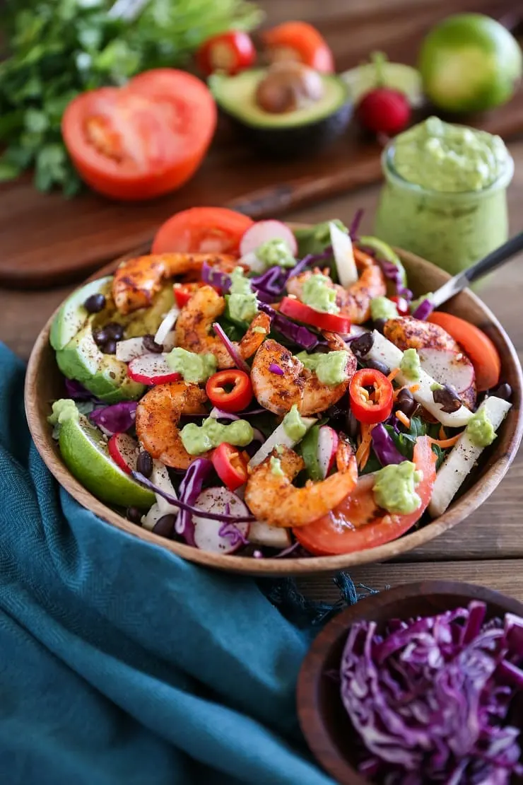 Shrimp Taco Salad with Avocado Chimichurri Dressing | TheRoastedRoot.net #healthy #dinner #paleo #recipe