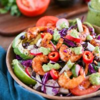 Shrimp Taco Salad with Avocado Chimichurri Dressing | TheRoastedRoot.net #healthy #dinner #paleo #recipe