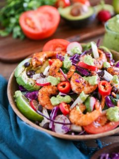 Shrimp Taco Salad with Avocado Chimichurri Dressing | TheRoastedRoot.net #healthy #dinner #paleo #recipe