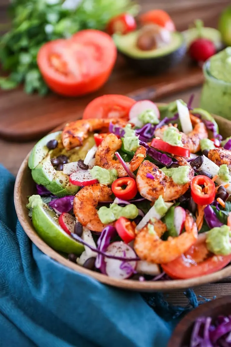 Shrimp Taco Salad with Avocado Chimichurri Dressing | TheRoastedRoot.net #healthy #dinner #paleo #recipe