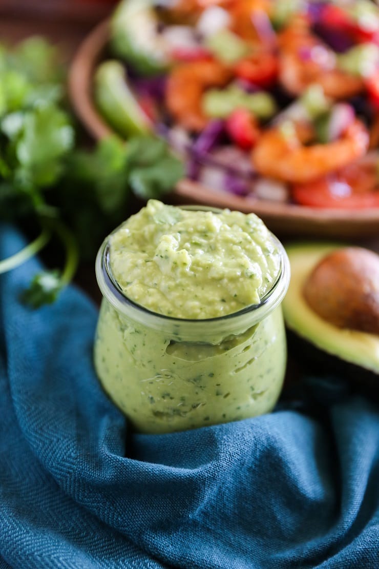 Shrimp Taco Salad with Avocado Chimichurri Dressing | TheRoastedRoot.net #healthy #dinner #paleo #recipe