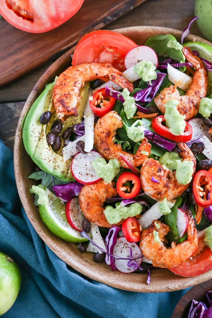 Shrimp Taco Salad with Avocado Chimichurri Dressing | TheRoastedRoot.net #healthy #dinner #paleo #recipe