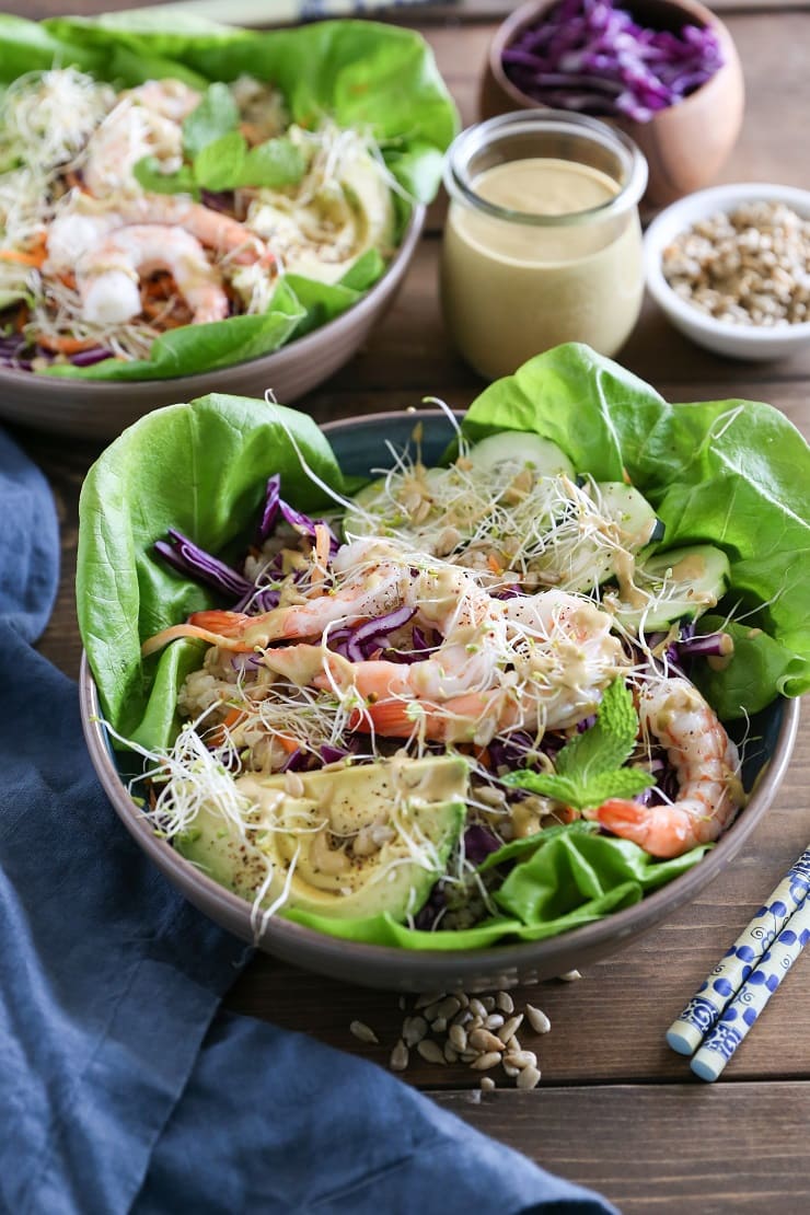 Spring roll bowls with sunflower butter sauce