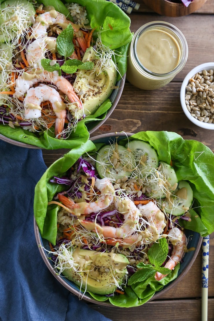 Spring Roll Bowls with Sunflower Butter Sauce | TheRoastedRoot.net #healthy #dinner #recipe #paleo