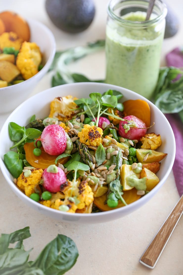 Roasted Spring Vegetable Buddha Bowls with Avocado Green Goddess Dressing | TheRoastedRoot.net #healthy #dinner #recipe #vegan #vegetarian