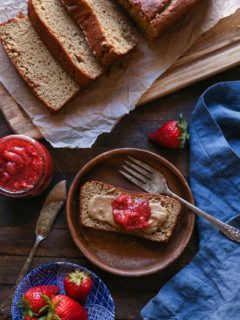 Almond Butter Banana Bread made grain-free and refined sugar-free with almond flour and pure maple syrup. A moist and delicious gluten-free quickbread.