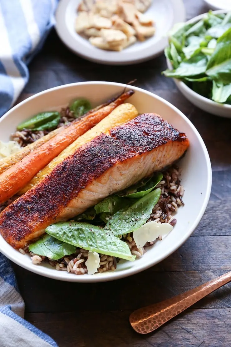 Baked Salmon Caesar Salad Bowls with roasted carrots and wild rice | TheRoastedRoot.net #healthy #dinner #recipe