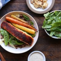 Baked Salmon Caesar Salad Bowls with roasted carrots and wild rice | TheRoastedRoot.net #healthy #dinner #recipe