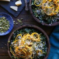 Spiralized Golden Beet and Kale Salad recipe with pumpkin seeds, hemp seeds, and parmesan cheese. A healthy vegetarian side dish!