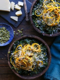 Spiralized Golden Beet and Kale Salad recipe with pumpkin seeds, hemp seeds, and parmesan cheese. A healthy vegetarian side dish!