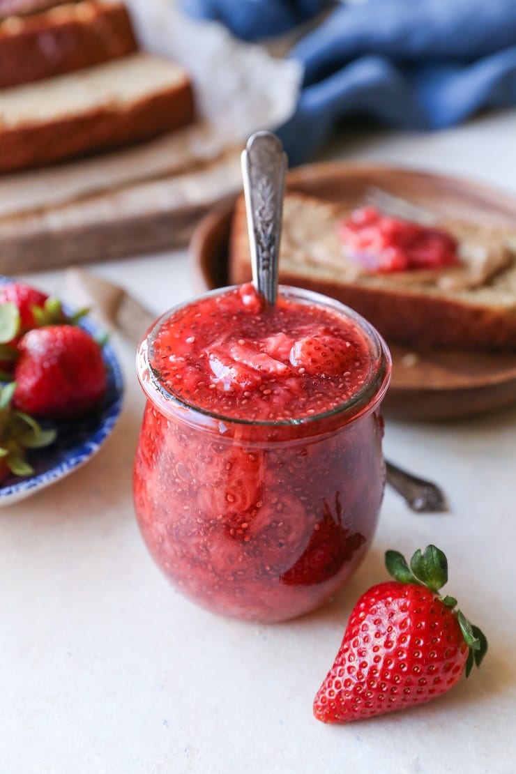 Strawberry Chia Seed Jam made naturally sweetened. This healthy jam recipe only requires a few ingredients and is paleo and vegan