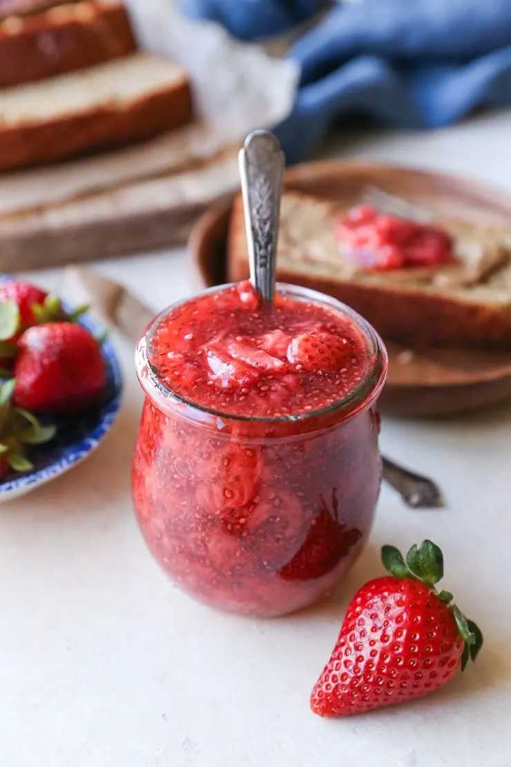 Strawberry Chia Seed Jam made naturally sweetened. This healthy jam recipe only requires a few ingredients and is paleo and vegan