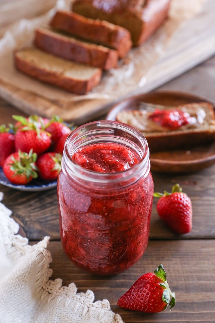 Strawberry Chia Seed Jam made with only a few ingredients. Naturally sweetened with pure maple syrup, this jam is much healthier than store-bought!