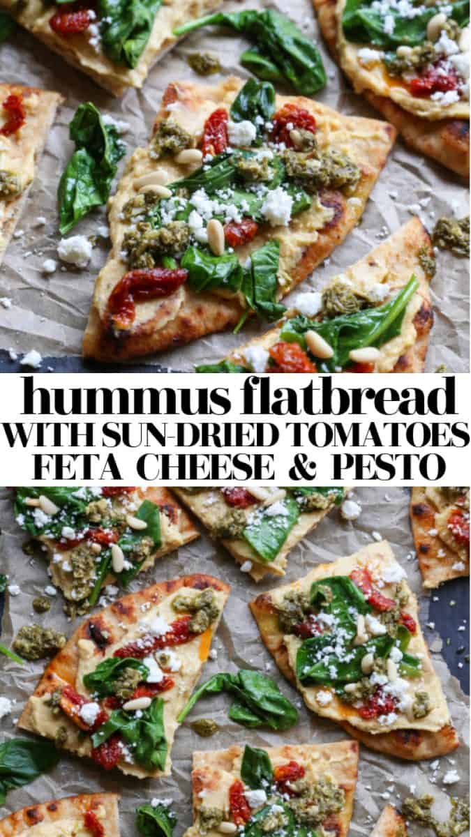 Hummus Flatbread with Sun-Dried Tomatoes, Spinach, Pesto, and Feta Cheese - a delicious healthy appetizer or meal 