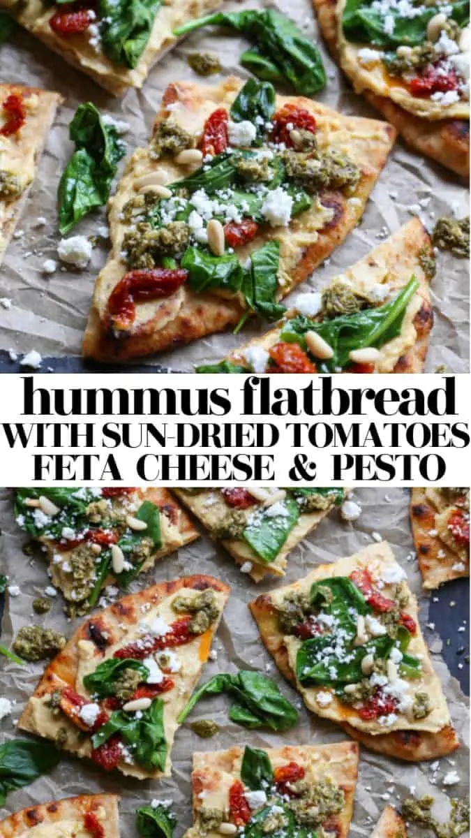Hummus Flatbread with Sun-Dried Tomatoes, Spinach, Pesto, and Feta Cheese - a delicious healthy appetizer or meal