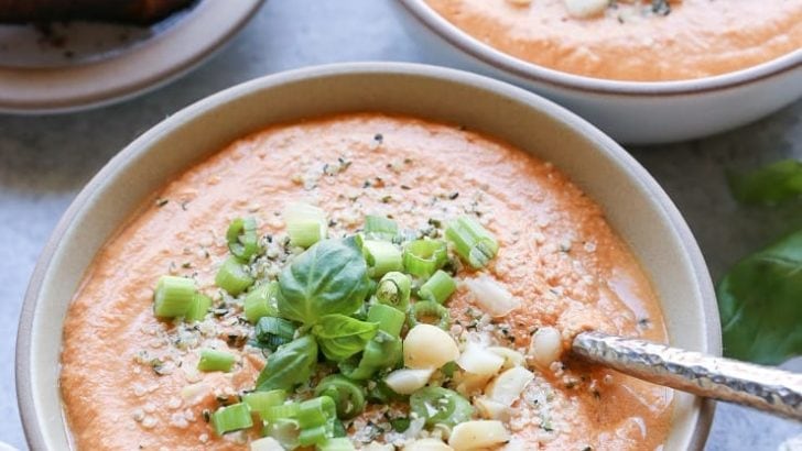 Creamy Vegan Tomato Basil Soup - a dairy-free, gluten-free recipe made with all whole food ingredients!