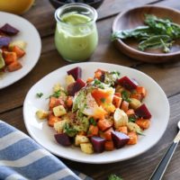 Paleo Eggs Benedict with Avocado Hollandaise with roasted root vegetables - a cleaner take on the classic brunch recipe