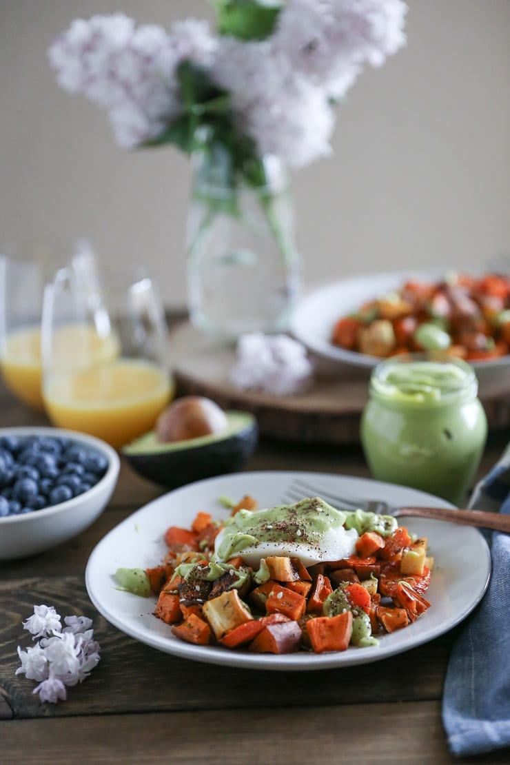 Eggs Benedict with Avocado Hollandaise Sauce - a vegetarian and paleo approach to eggs benedict with roasted root vegetables