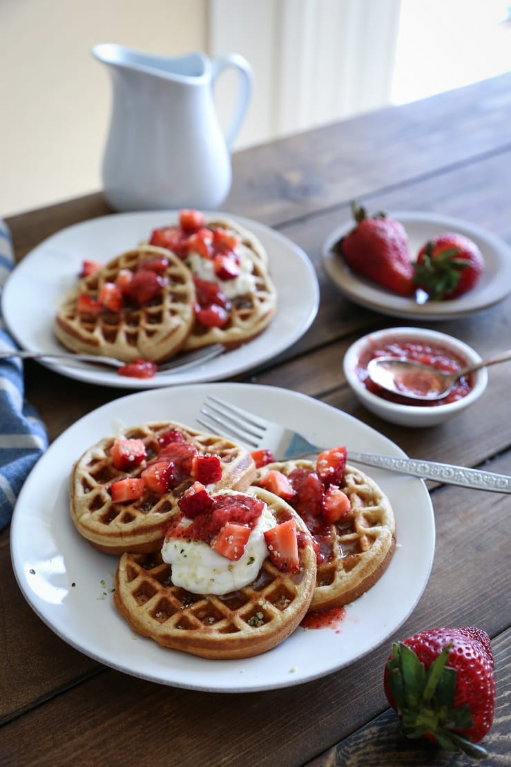 Grain-Free Almond Flour Waffles made in your blender! This paleo breakfast recipe is quick and easy! Gluten-free and dairy-free.