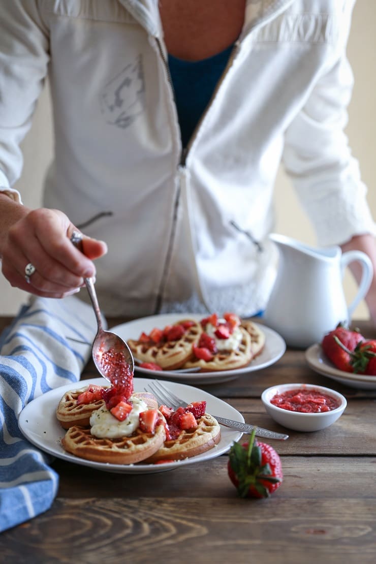 Grain-Free Almond Flour Waffles made easily in your blender. This paleo breakfast recipe is gluten-free, dairy-free, and delicious