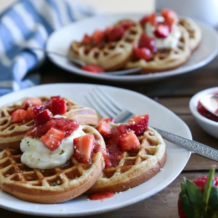 Grain-Free Almond Flour Waffles made in your blender for a quick, healthy paleo breakfast. Gluten-free, dairy-free and delicious!
