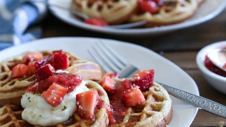 Grain-Free Almond Flour Waffles made in your blender for a quick, healthy paleo breakfast. Gluten-free, dairy-free and delicious!