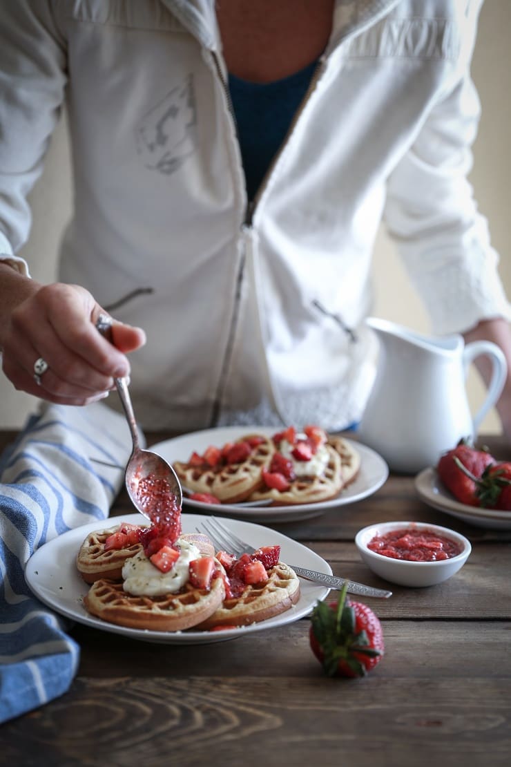 Grain-Free Almond Flour Waffles made easily in your blender. This paleo breakfast recipe is gluten-free, dairy-free, and delicious