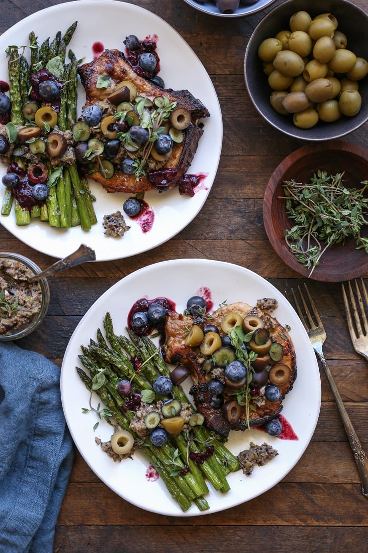 Maple Balsamic Pork Chops with Blueberry Olive Tapenade is a healthy and affordable weeknight meal that only requires a few ingredients and about 30 minutes to make.