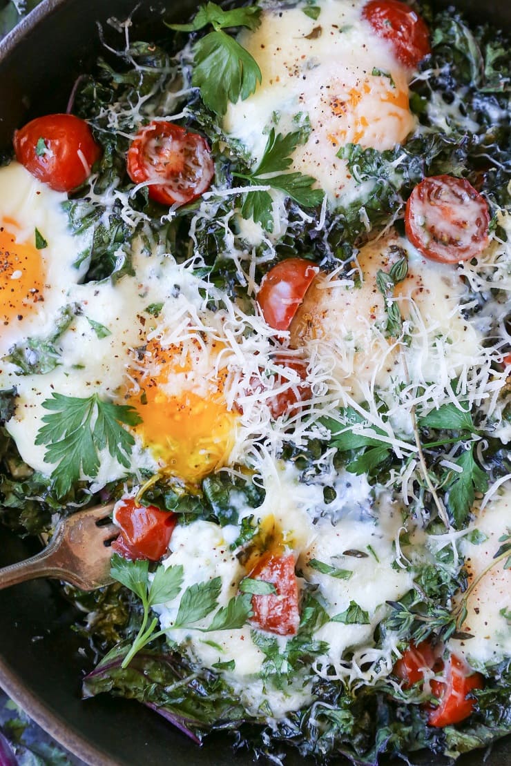 Tomato, Kale, and Parmesan Baked Eggs - a rustic, delicious, healthy vegetarian breakfast perfect for any day of the week