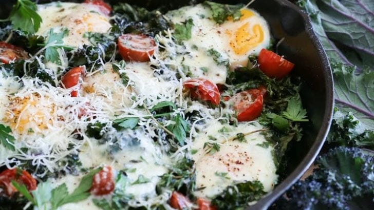 Tomato, Kale, and Parmesan Baked Eggs - a rustic, filling and healthy vegetarian breakfast