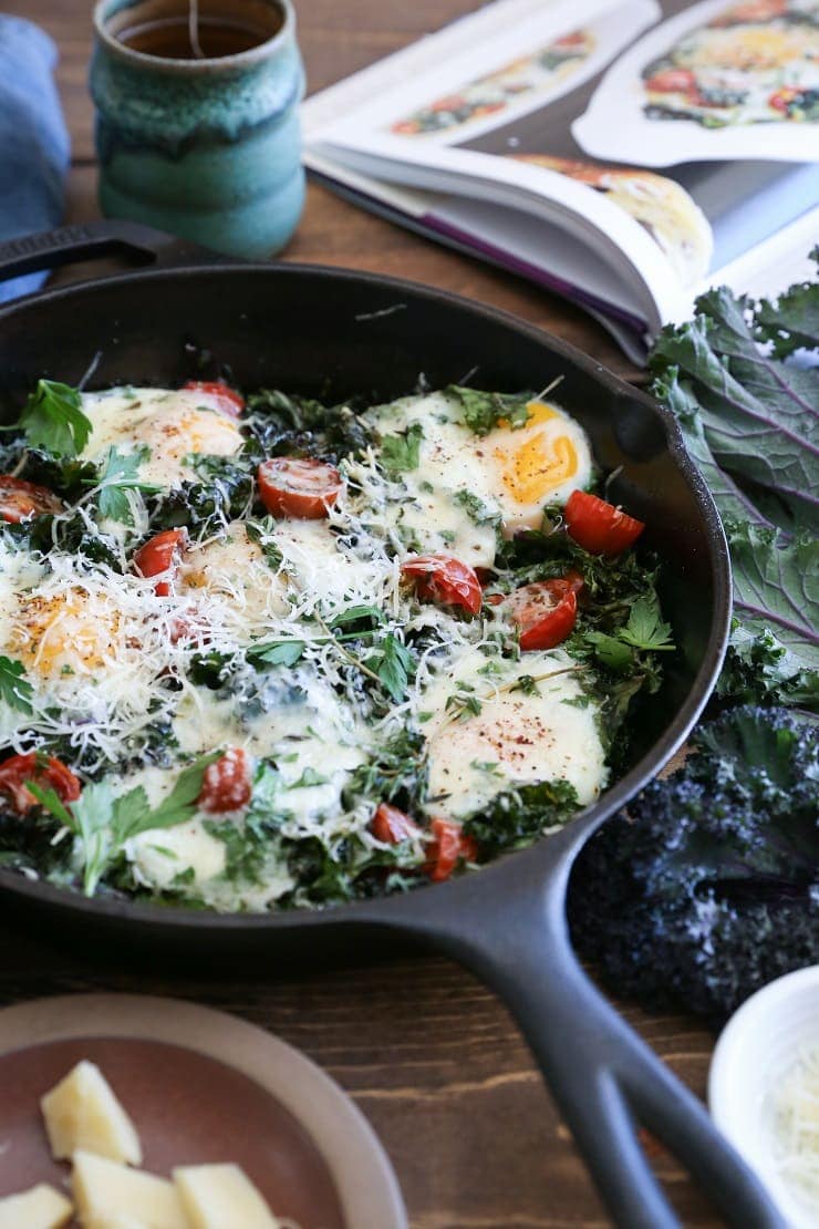 Tomato, Kale, and Parmesan Baked Eggs - a rustic, filling and healthy vegetarian breakfast