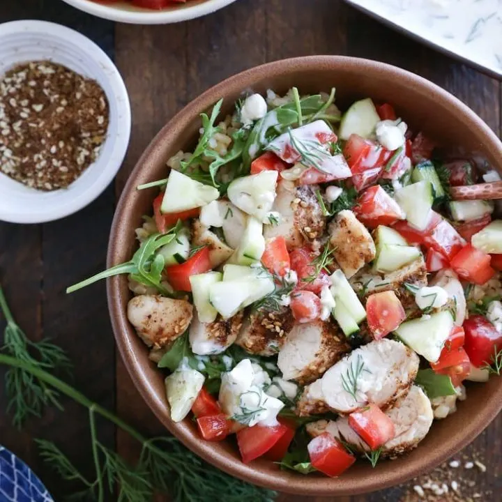 Za'atar Chicken Bowls with Cucumber Salad and Kefir Raita - a healthy meal perfect for dinner any night of the week