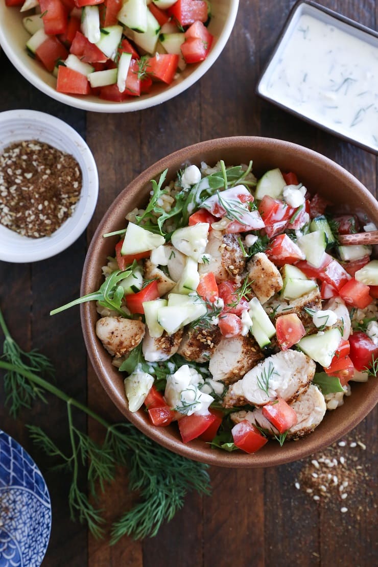 Za'atar Chicken Bowls with Cucumber Salad and Kefir Raita - a healthy meal perfect for dinner any night of the week