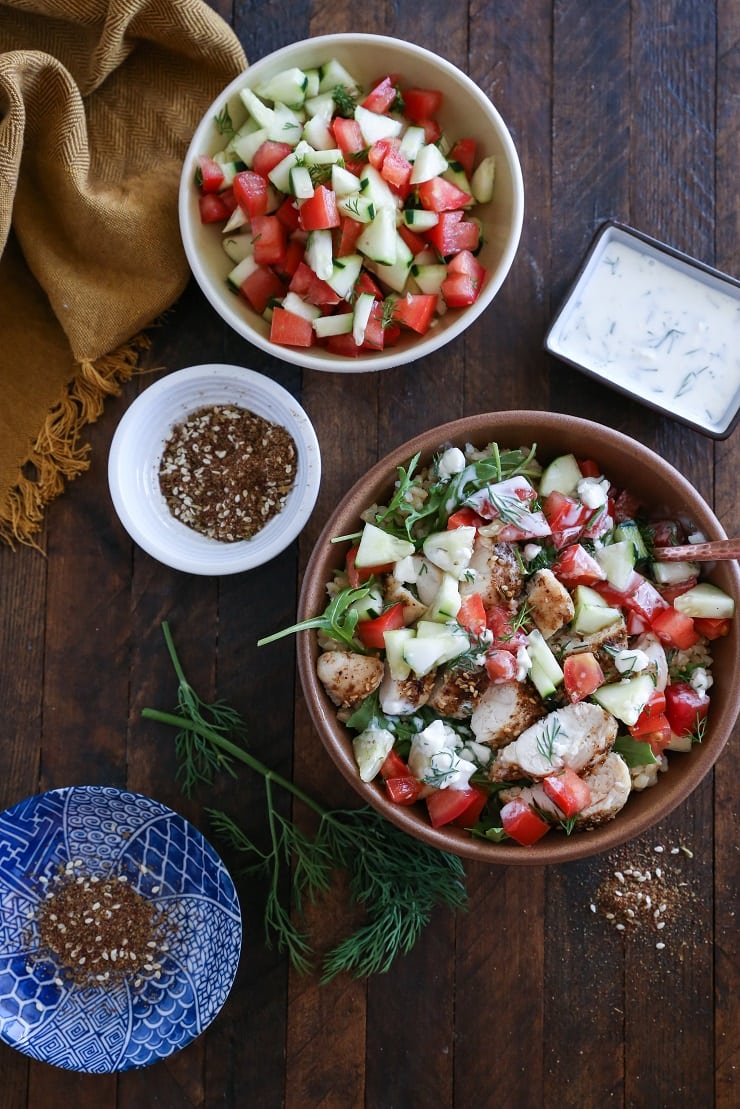 Za'atar Chicken Bowls with Cucumber Salad and Kefir Raita - a healthy meal perfect for dinner any night of the week