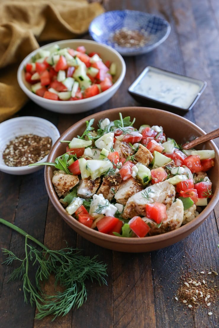 Za'atar Chicken Bowls with Cucumber Salad and Kefir Raita - a healthy whole food dinner perfect for any night of the week