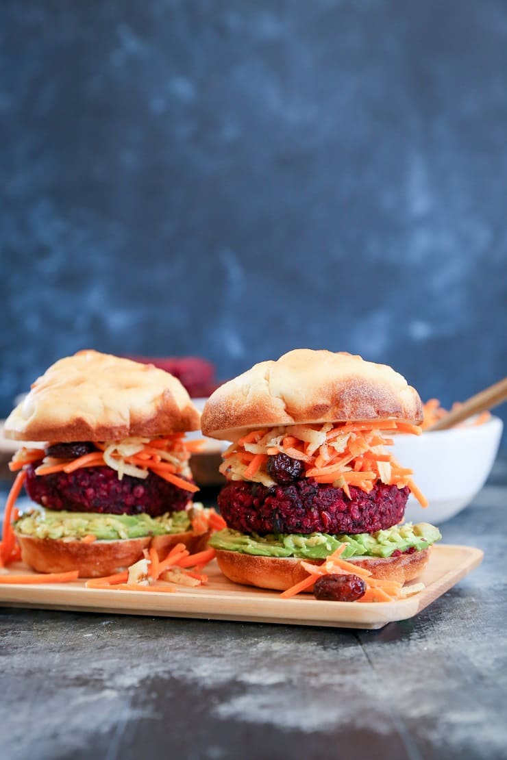 Beet and Black Bean Burgers with Carrot Slaw - a nutritious, filling vegan dinner recipe that only takes 30 minutes to prepare!