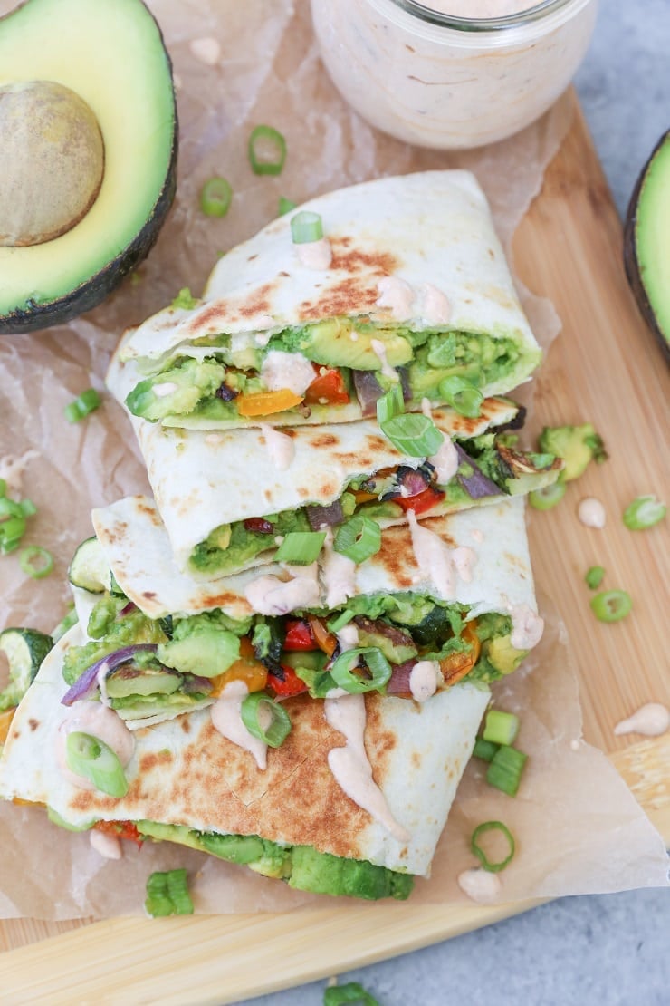 Grilled Vegetable Avocado Quesadillas (vegan)