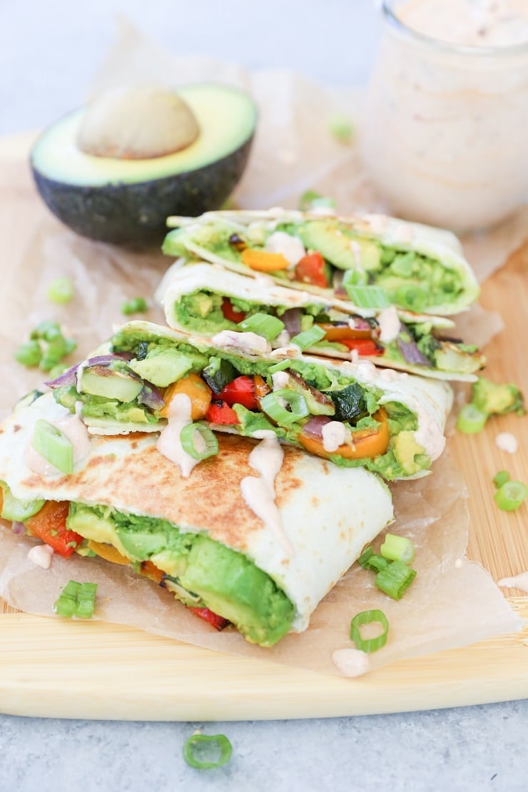 Grilled Vegetable Avocado Quesadillas (vegan)