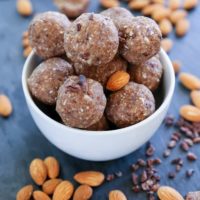 Paleo Fat Balls made with almonds, cacao nibs, coconut butter, and pure maple syrup. With a keto option! | TheRoastedRoot.net #healthysnack #glutenfree #grainfree