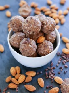 Paleo Fat Balls made with almonds, cacao nibs, coconut butter, and pure maple syrup. With a keto option! | TheRoastedRoot.net #healthysnack #glutenfree #grainfree