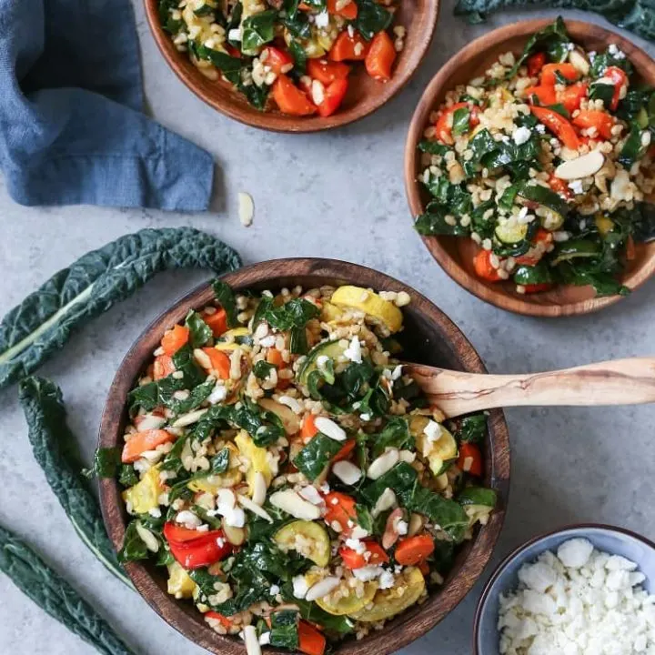 Roasted Vegetable and Rice Kale Salad is the perfect healthy side dish for summer picnics and barbecues