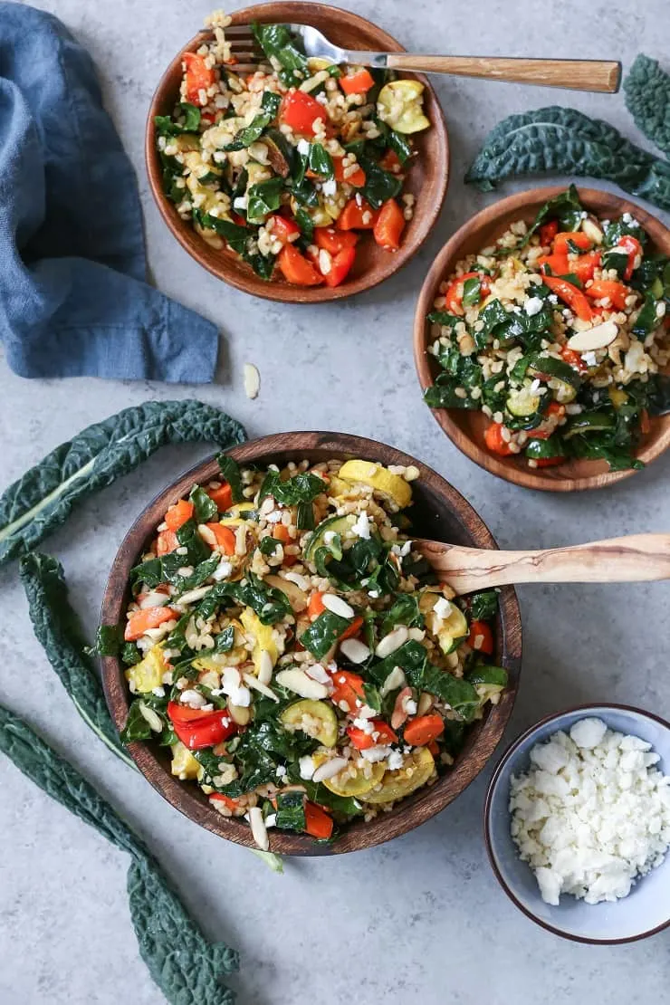 Roasted Vegetable and Rice Kale Salad is the perfect healthy side dish for summer picnics and barbecues