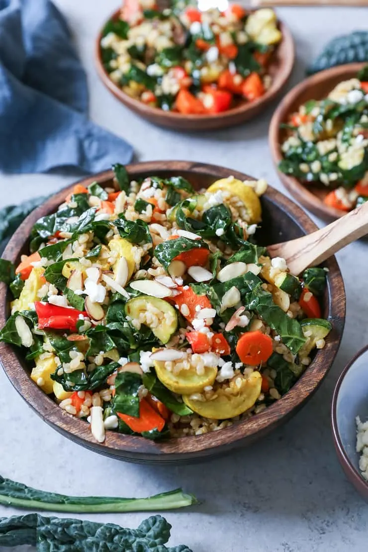 Roasted Vegetable and Rice Kale Salad is the perfect healthy vegetarian side dish for summer picnics and barbecues