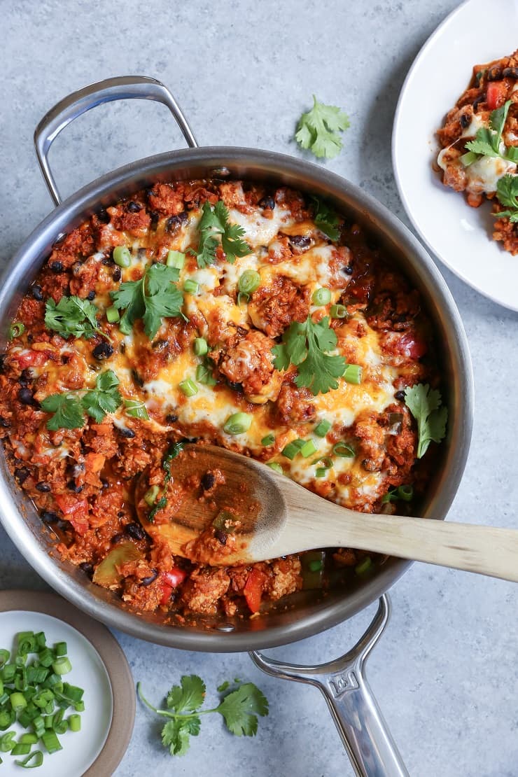 Turkey, Black Bean, and Sweet Potato Rice Enchilada Skillet - a filling meal packed with vegetables and lean protein!