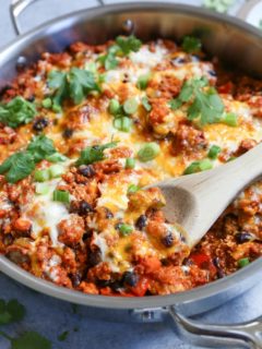 Turkey, Black Bean, and Sweet Potato Rice Enchilada Skillet - a filling meal packed with vegetables and lean protein!