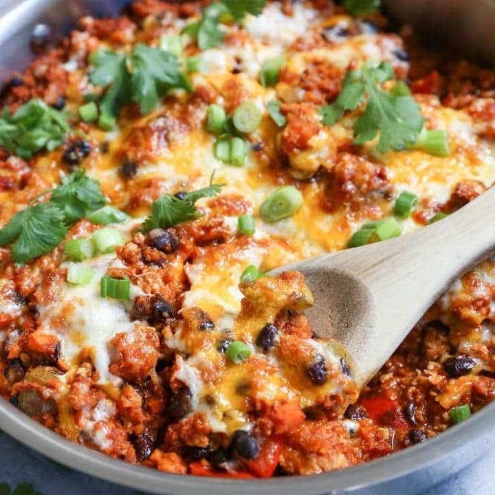 Turkey, Black Bean, and Sweet Potato Rice Enchilada Skillet - a filling meal packed with vegetables and lean protein!