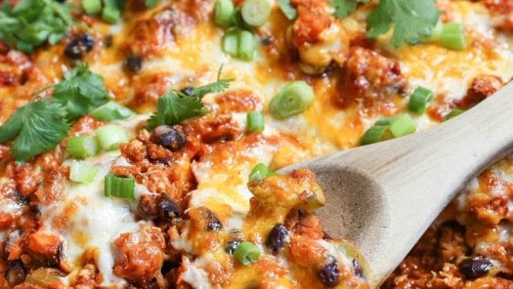 Turkey, Black Bean, and Sweet Potato Rice Enchilada Skillet - a filling meal packed with vegetables and lean protein!